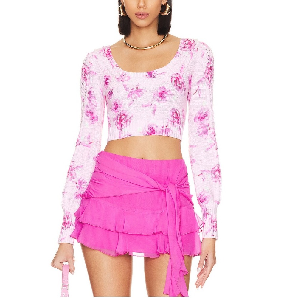 NWT Rare LoveShackFancy Mikki Crop Sweater Pink Dreamfields Floral Small